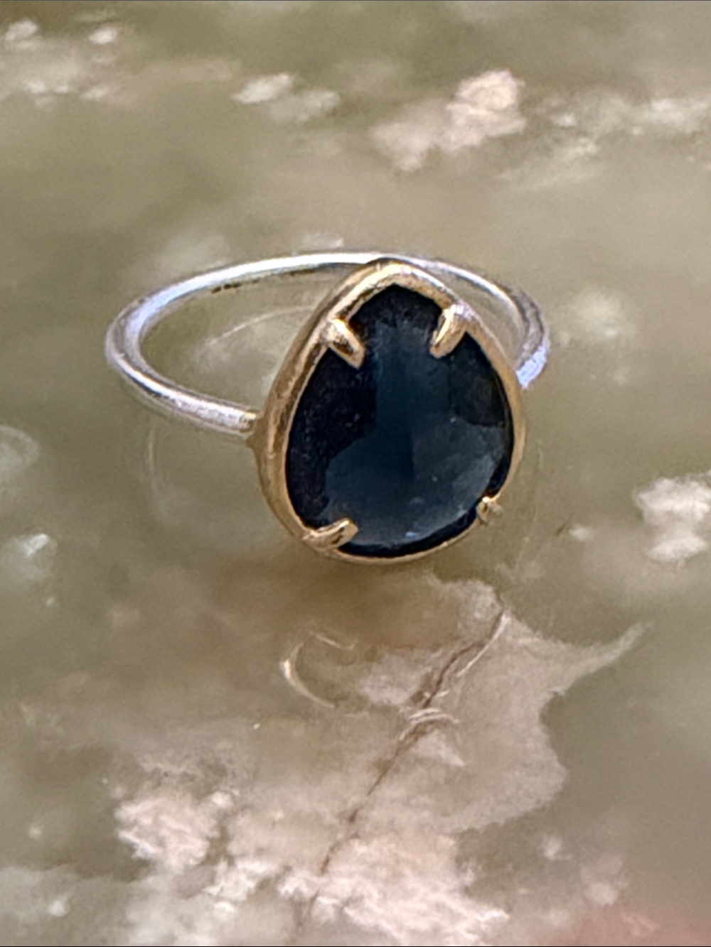 Teardrop Dark Blue Stone Ring in Two-tone Setting - Ring Size 6.5 US